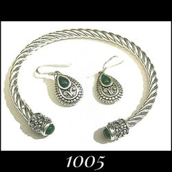 7-8" adj. Solid Sterling Silver Wire & Gemstone Cuff w Sterling Gemstone Fr. Hook Earrings, Thailand. SU TH 925