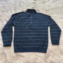 Vintage 70s Piccadilly Lambs Wool Polo Shirt Sweater Dagger Collar Men's Size L