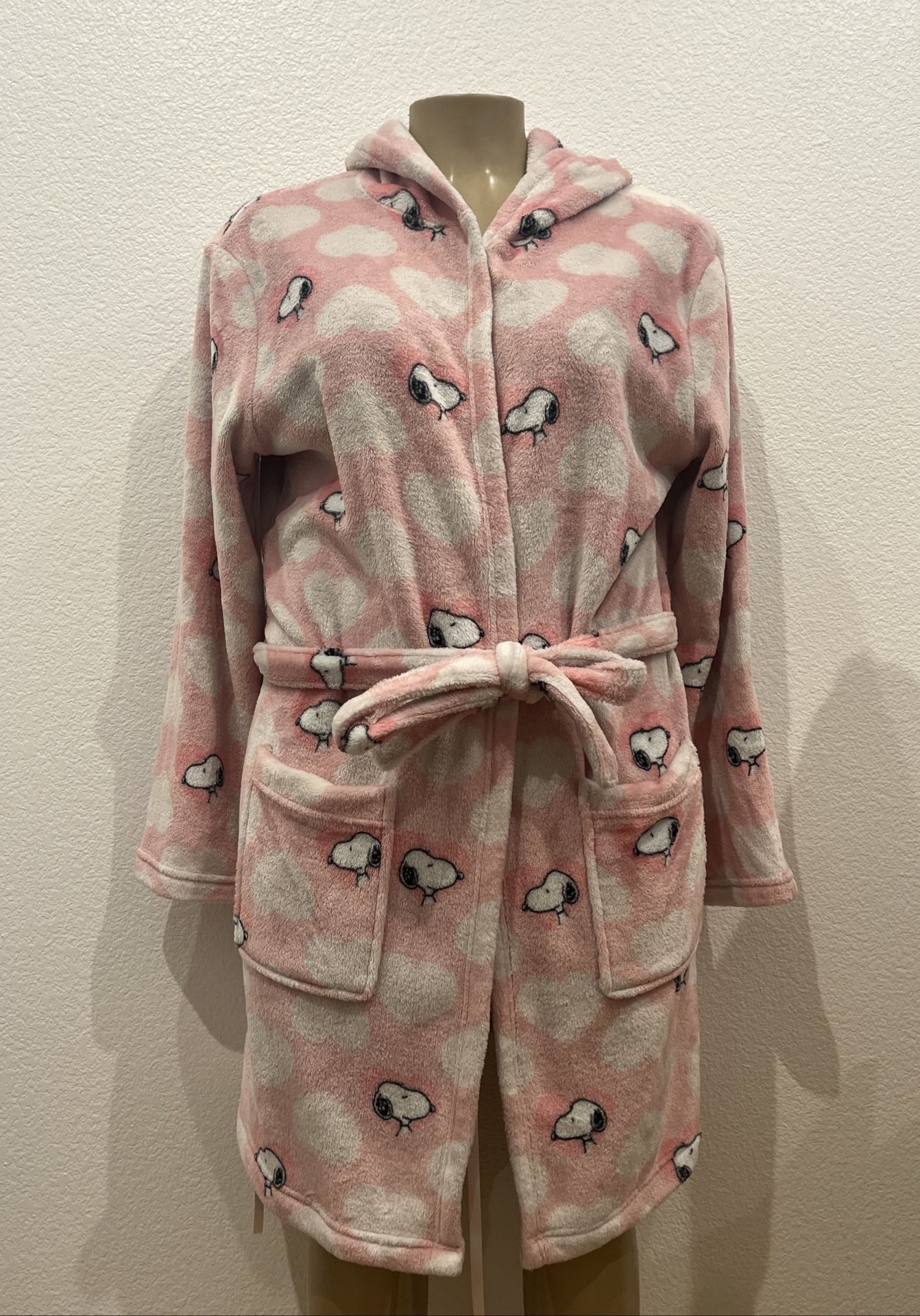 Peanuts Hooded Bath Robe Snoopy Pink White Hearts Wedding Berkshire Adult L/XL