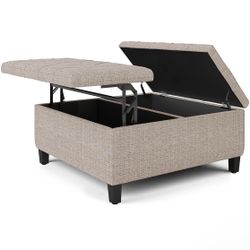 SIMPLIHOME Harrison 36 inch Wide Transitional Square Coffee Table Storage Ottoman in Platinum