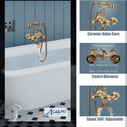 Wall Mount Bathtub Faucet with Handheld Sprayer Antique Brass Tub Shower Faucet Vintage Double Cross Handle Swivel Spout Mixer Tap for Bathroom Teleph