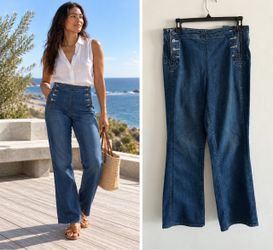 MOTHER The Sailor Tripper Jeans Women’s 29 Three Little Ships Blue Button Denim