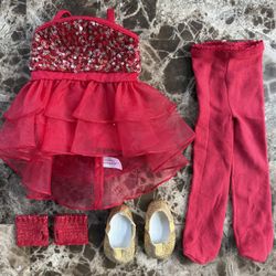 American Girl Red Sequin Jazz Dance outfit with gold shoes, wristbands, tights .