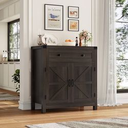 Coffee Bar Cabinet, Kitchen Storage Cabinet, Modern Farmhouse Buffet Sideboard with Drawer and Adjustable Shelf, Barn Door Accent Cabinet for Kitchen,