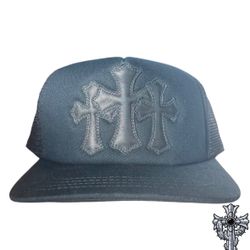 Chrome Hearts Black hat with Triple Leather cross Patches