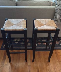 Black Bar Stools with Woven Seat (Set of 2)
