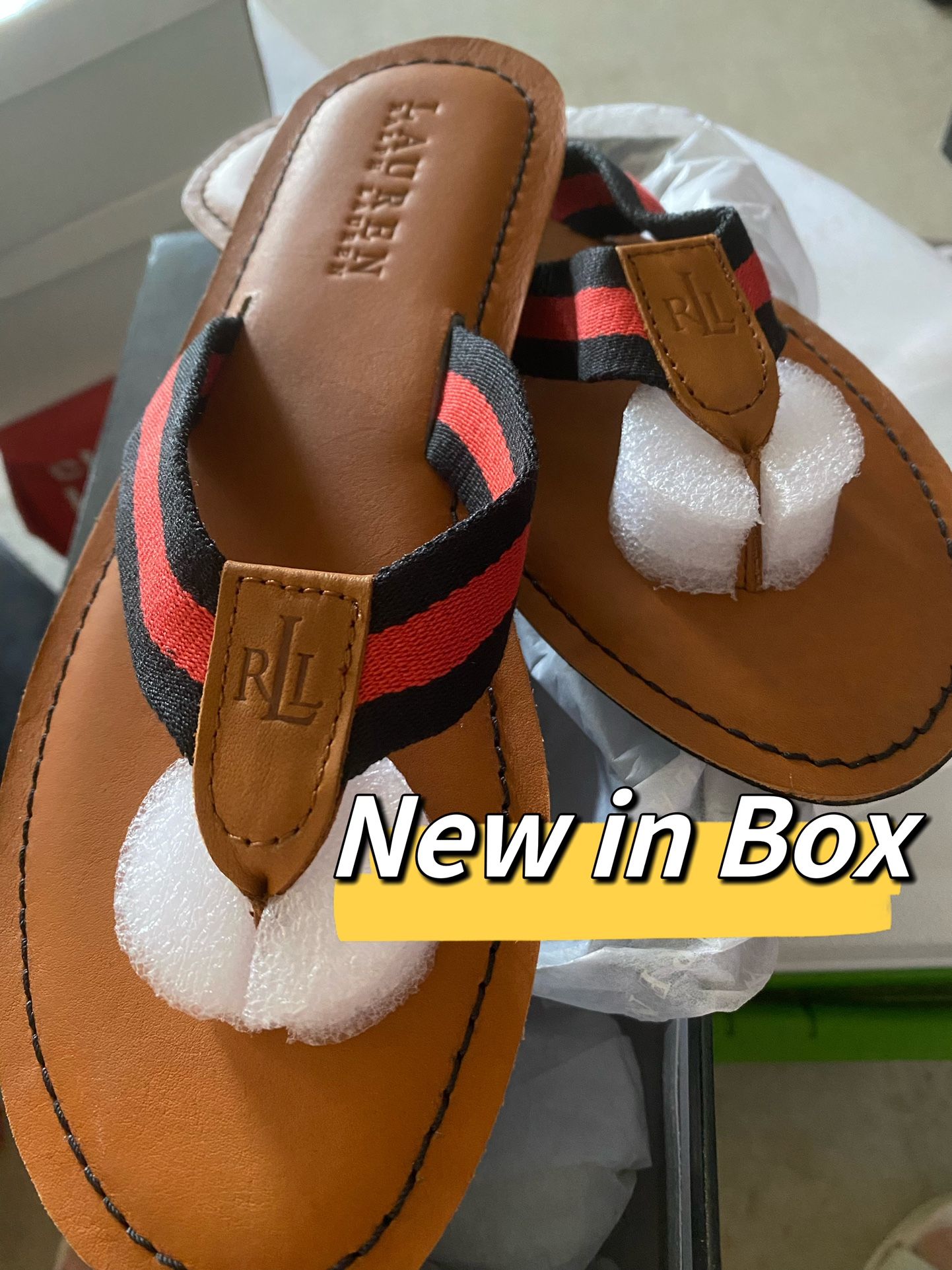 Brand NEW! Ralph Lauren Edison Leather Logo Flip Flop Sandals NIB