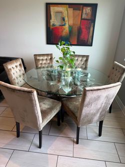Round Glass Dining Table with Silver Driftwood Base and 6 Tufted Velvet Chairs ( Z gallerie sequoia