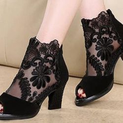 New Women's Lace Boots  Ankle Boots Chunky Heel Peep Toe 8 40
