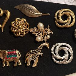 Ten Vintage Pin/ Brooches Some Marked 