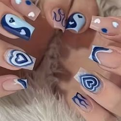 Brand New 24pcs Cute Blue Heart Design Press On Nails