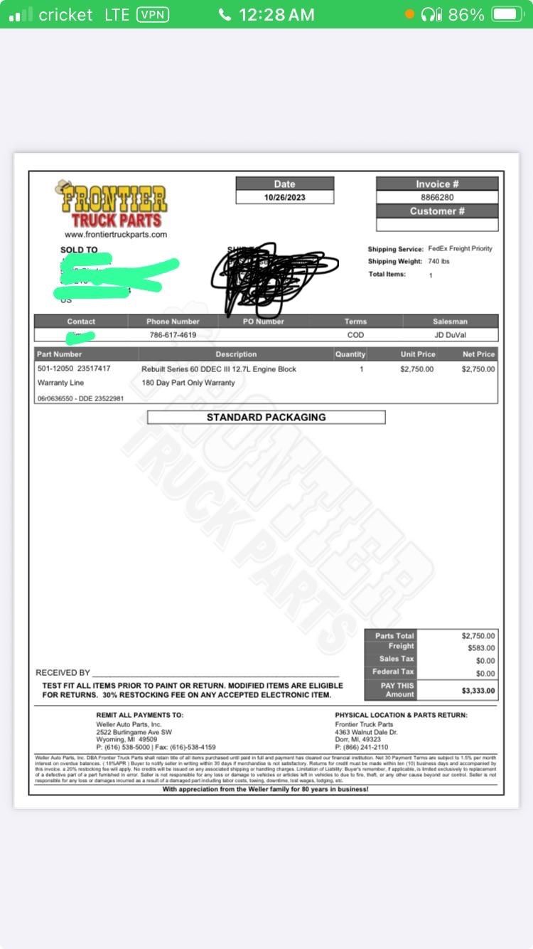 12.7 Reman Block + In frame Kit Oem 4500