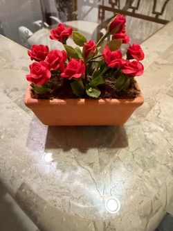 Artificial Red Roses in Terracotta Planter - Fake Flower Arrangement Decor