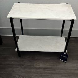 (2) marble, white and black end tables