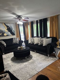 Black Velvet Tufted Sofa Set with Nailhead Trim