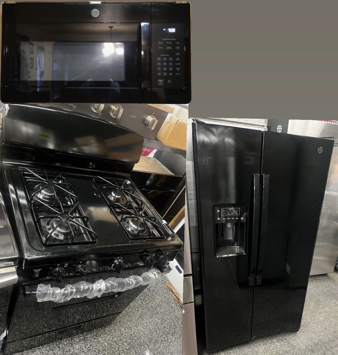GE Black Fridge Microwave & Range Bundle Open Box