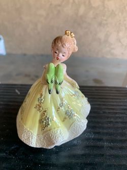 Vintage Josef Originals Girl in Yellow Dress Holding 2 Green Birds Figurine