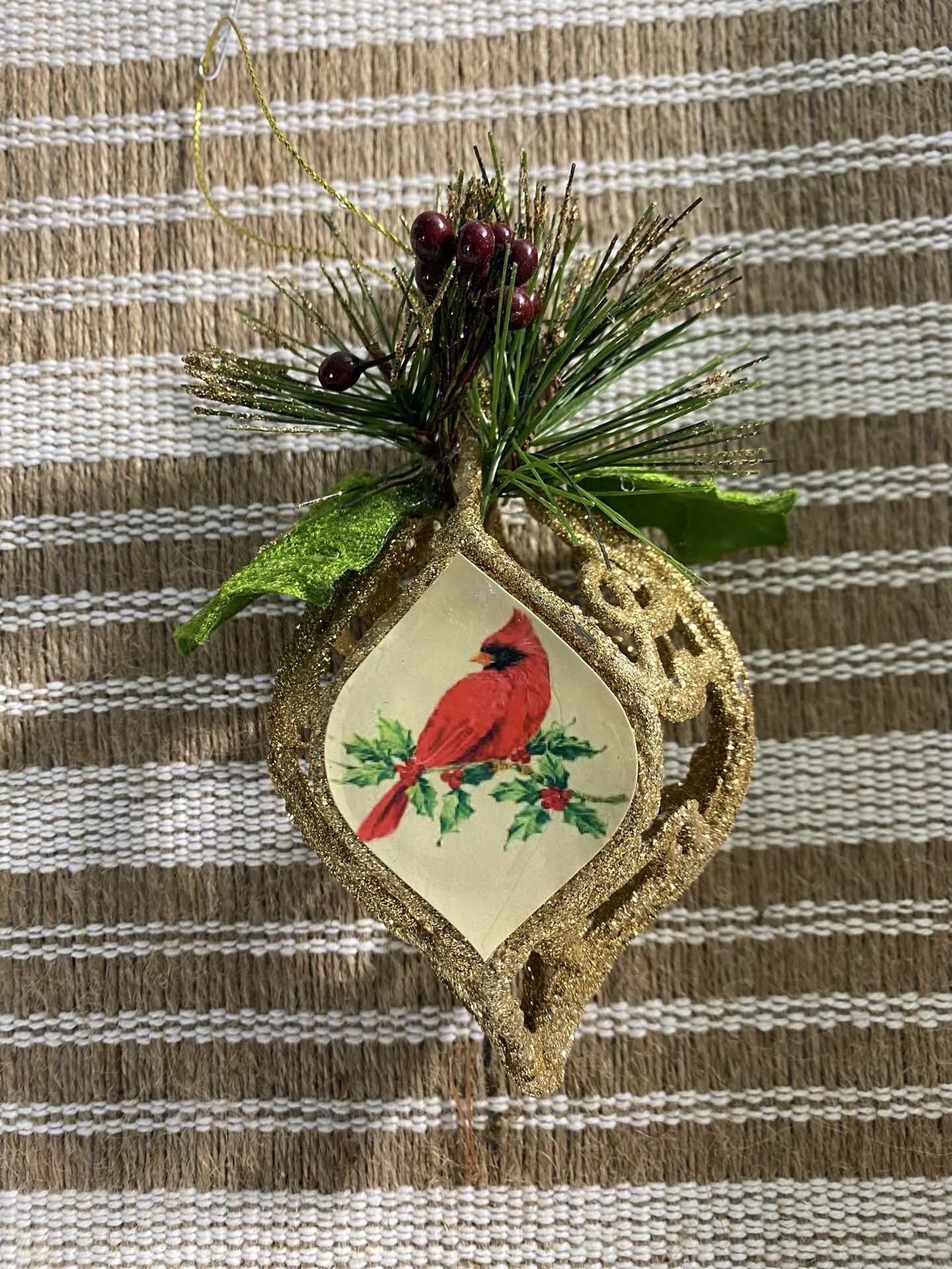 Vintage Red Cardinal Christmas Tree Golden Ornament Holiday Decoration.