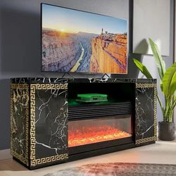 FIREPLACE BLK TV STAND W/ SPEAKERS & LED 