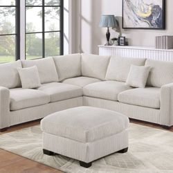 ✅️✅️Black  Friday Sale (4 pc ivory cordury fabric upholstered sectional sofa with ottoman)✅️