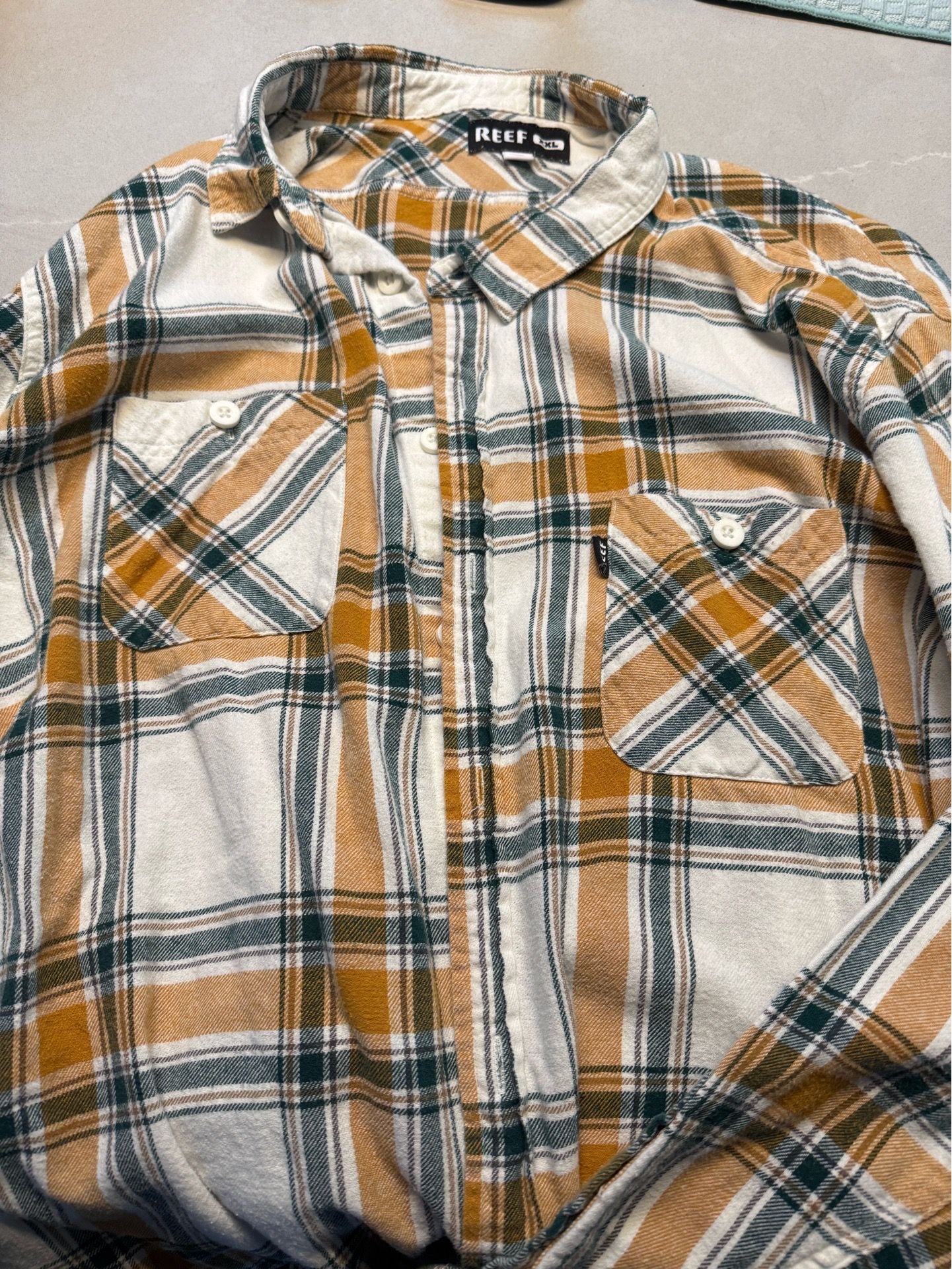 REEF Plaid Flannel Shirt XXL White Mustard Green