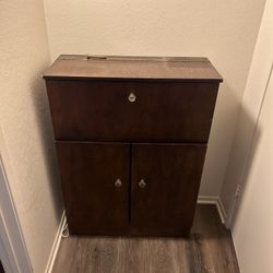 Antique Mini Bar, Folds Out With Mirrors Two Bottom Drawers