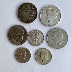 Seven United States Vintage Coins -1967 Kennedy, Franklin Half Dollar 90%Ag, Peace & Morgan  Silver Dollars are 90% Ag