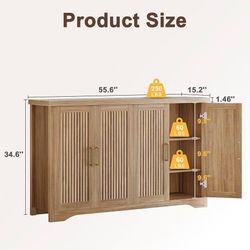 🥨Fluted Buffet Cabinet with Storage Accent Sideboard,Modern Credenza with 4 Doors & Adjustable Shelves,Wood Coffee Bar Table Console 