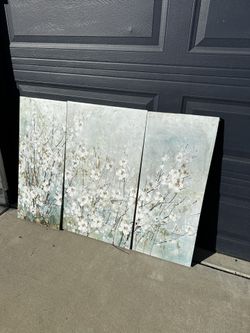 Blue Beige White Floral Flower Painting Canvas Decor Home Wall