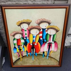 Joyce Roybal Painting Signed Children on Bike Framed 27" x 23"