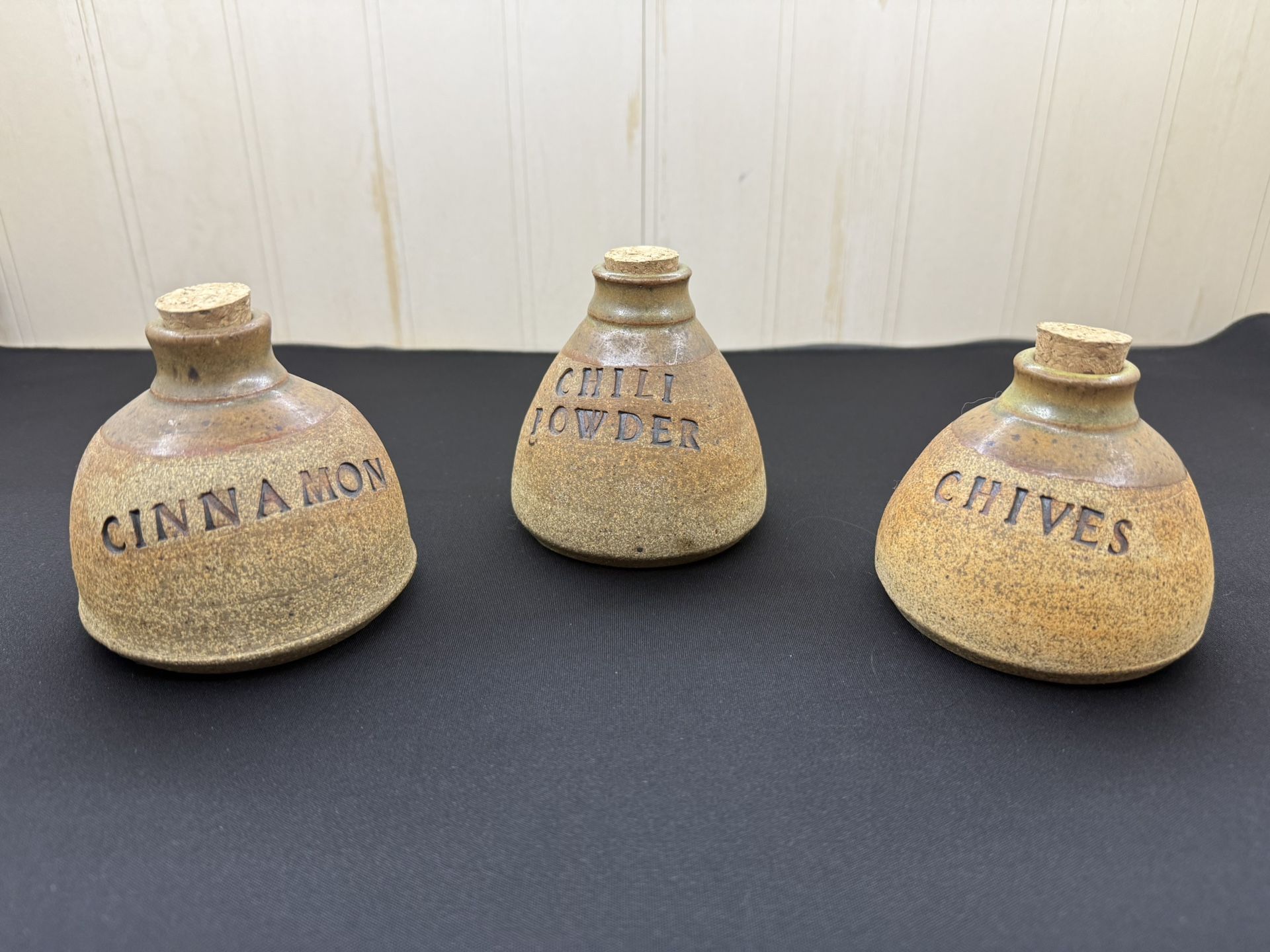 Unique Vintage Stoneware Pottery Spice Herb Jars with Corks Set of 3