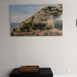 Frame- Positano Italy on Amalfi Coast Aerial View of Coast Cliff, Bougainvillea Flowers and Ocean Water