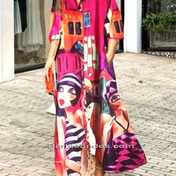 Chic & Trendy Abstract Figure Color-Block Collared Front Button Casual & Formal Long Maxi Dress