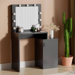 Black Vanity Desk with Mirror and Lights, Makeup Desk with Storage Cabinet, Small Vanity Table for Bedroom