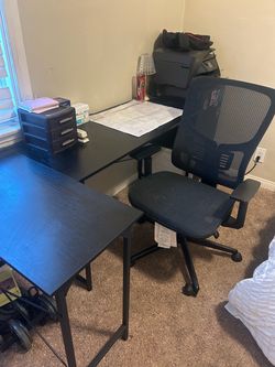 Black L-Shaped Desk with Office Chair