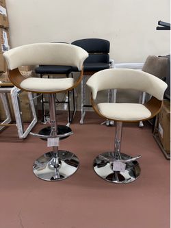 Swivel Cream Fabric and Chrome Low Back Adjustable Bar Stool with Rounded T Footrest (Set of 2)