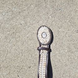 Western Brown Leather Belt – Decorative Mosaic Buckle Cowboy Style