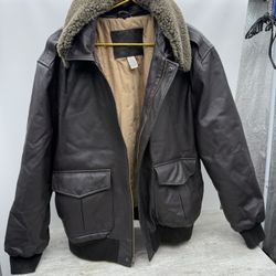 Vintage St John’s Bay Brown Leather Jacket Bomber Full Zip Faux Sherpa Collar Size XL