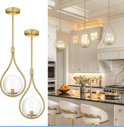 New 2 Pack Brushed Gold Pendant Lights,Hanging Lamp Clear Globe Glass,Adjustable Rods Dimmable