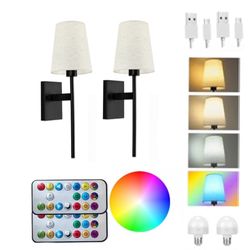 Set Of 2 Battery Operated Wall Sconces with Remote,Fabric Shade