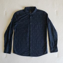 PRANA Men's Standard Fit Button-Down Long-Sleeve Geometric Design Shirt (S) Navy