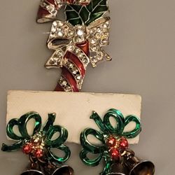 Festive Candy Cane Brooch  And Bell EARRINGS SET 