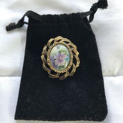 Miniature Painted Floral Porcelain Cameo Brooch