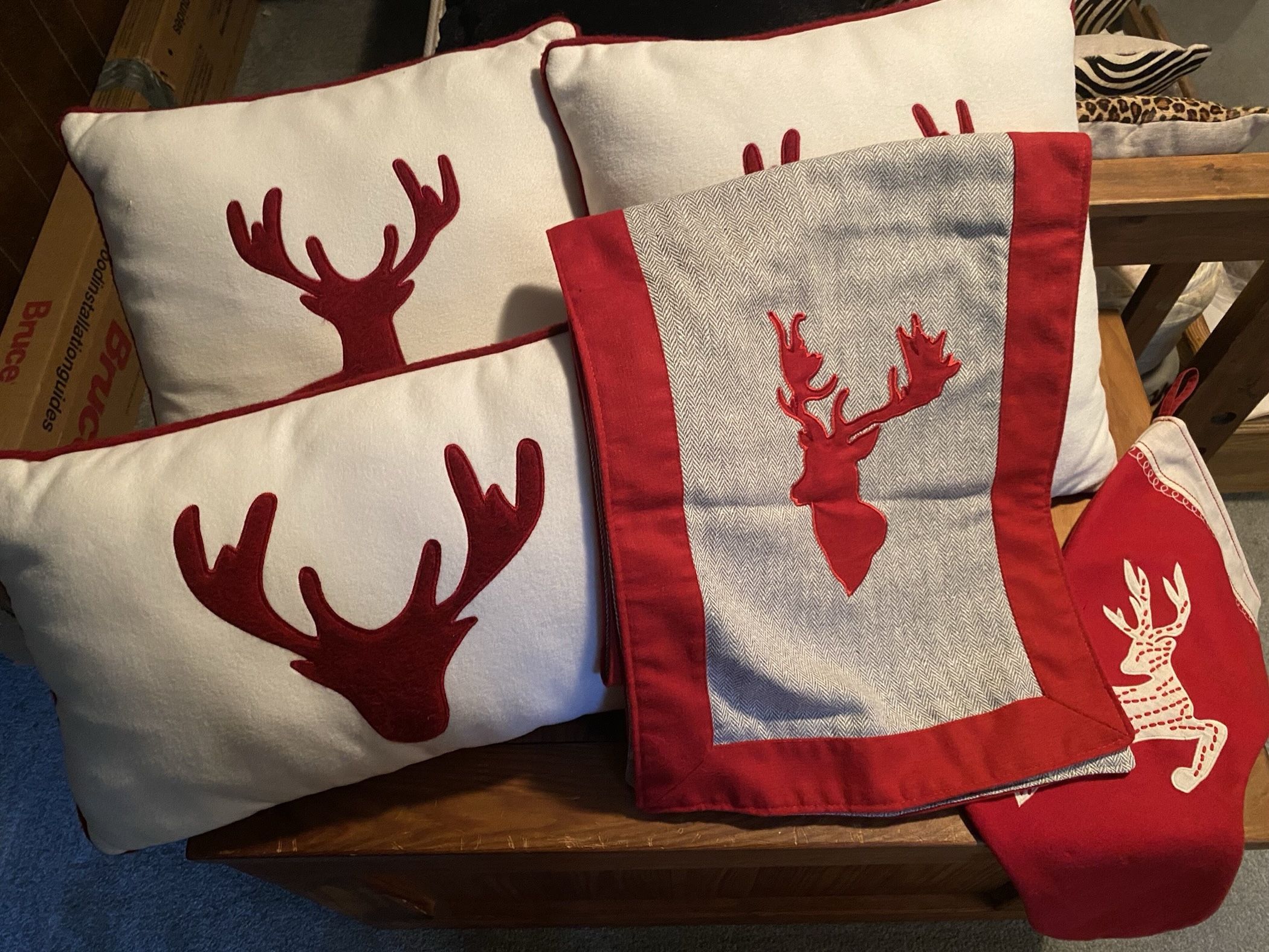 Christmas Pillows, Table Runner And Stocking