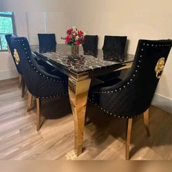 Black/Gold finish faux marble modern luxuruy 7 pc dining table set