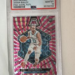 The 2023 Panini Mosaic #231 Amari Bailey Pink Swirl Fotl Prizm Rookie RC 13/18 PSA 10 trading card is a highly sought-after collectible item for baske