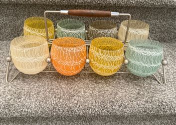 VINTAGE SPAGHETTI STRING ROLY POLY TUMBLERS WITH CADDY