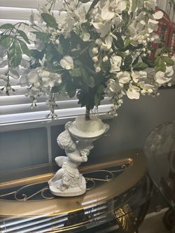 Cherub Figurine Vase with Faux Floral Arrangement