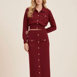 Commense Metal Button Collared Cardigan and Midi Skirt Set