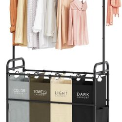 Laundry Sorter Cart with Hanging Clothes Rack, 4 Butler Sorter Basket Organizer, Laundry Hamper Cart with Heavy Duty Rolling Lockable Wheels, 4 Colors